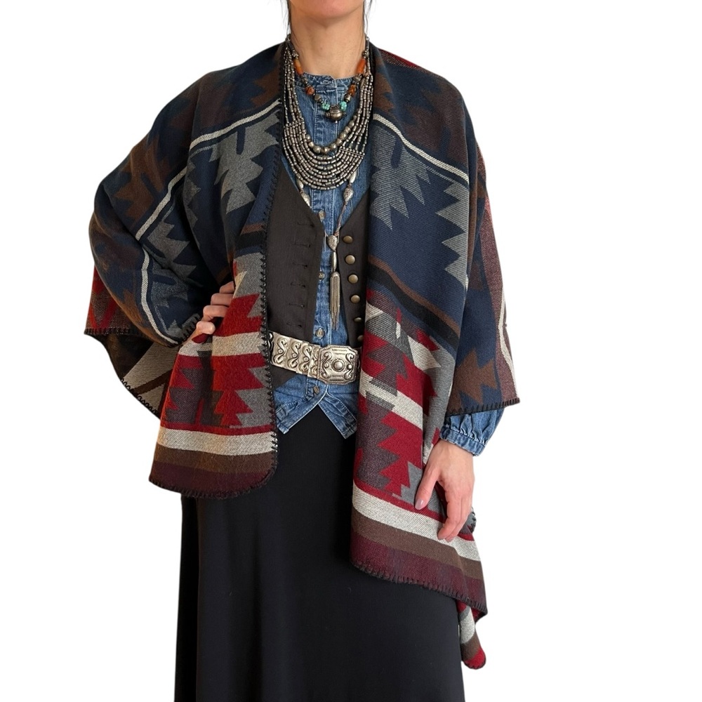 Western Tribal Aztec Reversible Shawl Ruana Cape Wrap One Size